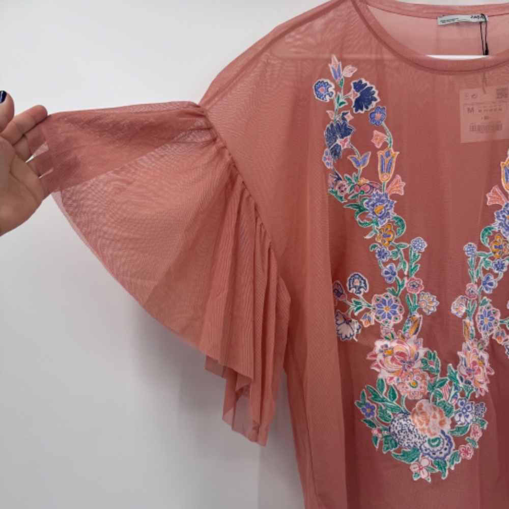 Zara Top Women Medium NEW Mesh Sheer Floral Fairy Whimsy Cottage Coquette Boho - Picture 2 of 11